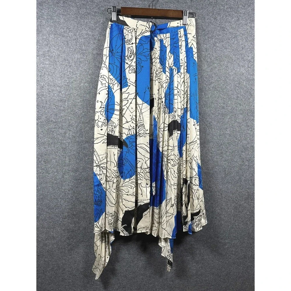 ZARA Asymmetrical Pleated‎ Skirt Hem Blue Black White Abstract Print Size S NWT